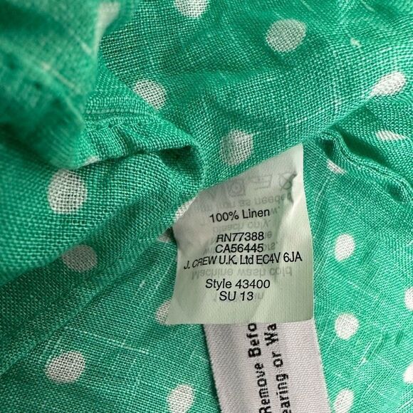 J Crew Perfect Shirt Size 2 Linen Button Down Polka Dot Green White - Picture 5 of 5